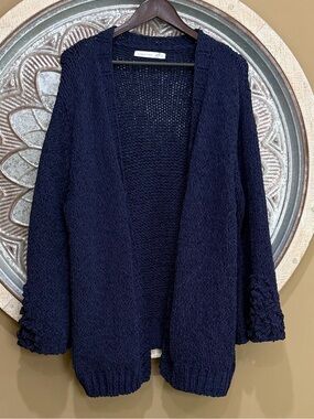 Altar'd State Navy Blue Open-Front Chunky Knit Cardigan with Designed Sleeves